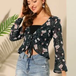Allegra K Women's Floral Semi Sheer Elegant Tie Front Bolero Chiffon Shrug Top 11 Allegra K Women's Floral Semi Sheer Elegant Tie Front Bolero Chiffon Shrug Top
