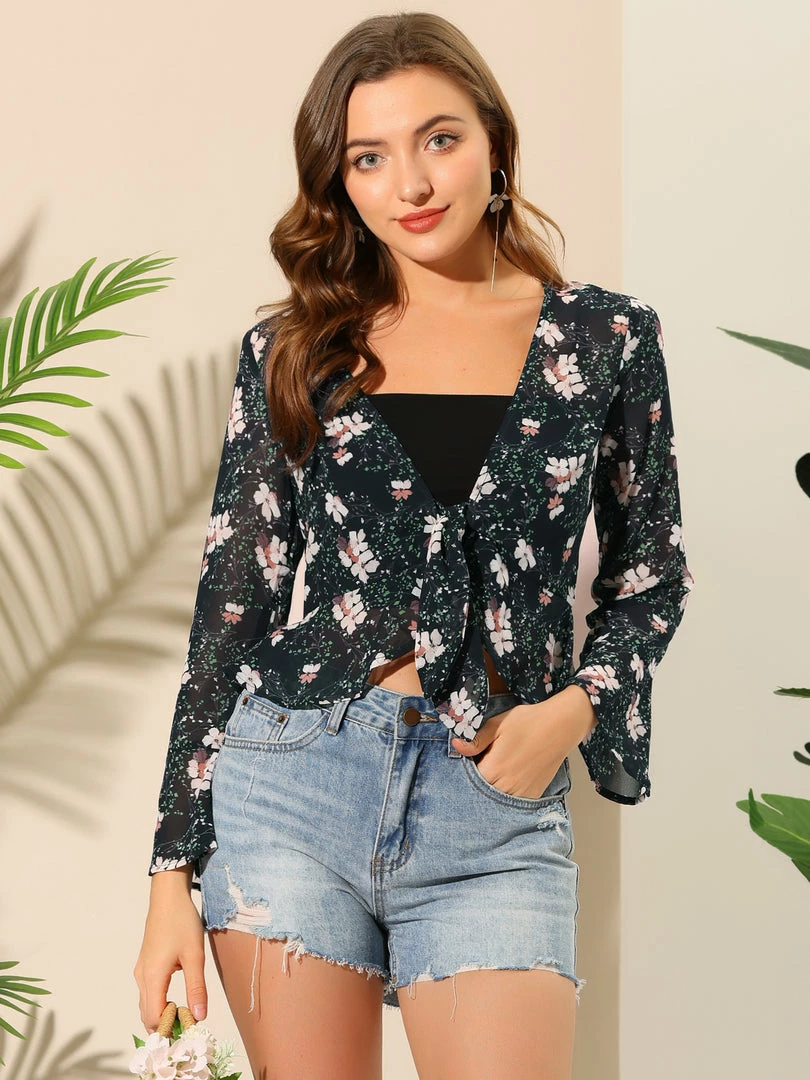 Allegra K Women's Floral Semi Sheer Elegant Tie Front Bolero Chiffon Shrug Top 6 Allegra K Women's Floral Semi Sheer Elegant Tie Front Bolero Chiffon Shrug Top