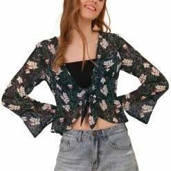Allegra K Women's Floral Semi Sheer Elegant Tie Front Bolero Chiffon Shrug Top