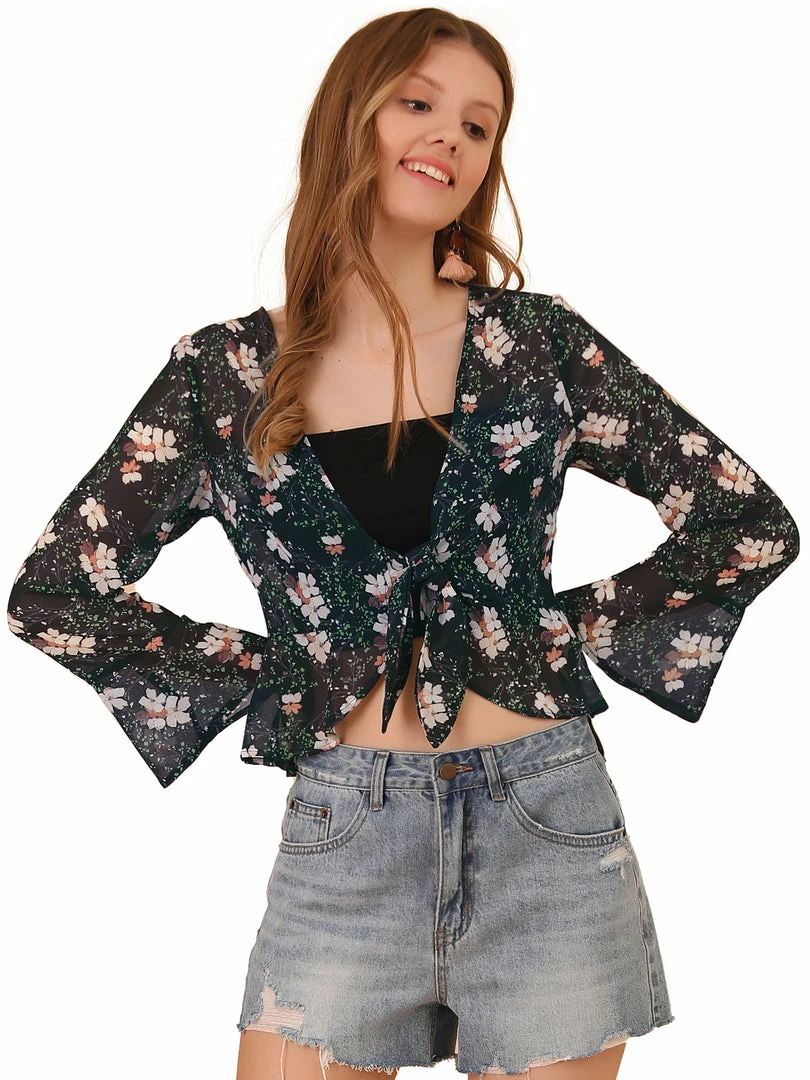 Allegra K Women's Floral Semi Sheer Elegant Tie Front Bolero Chiffon Shrug Top 4 Allegra K Women's Floral Semi Sheer Elegant Tie Front Bolero Chiffon Shrug Top