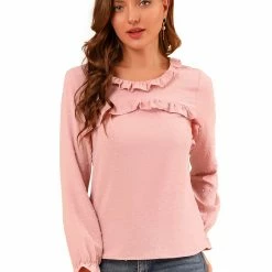 Allegra K Women's Ruffle Neck Swiss Dots Puff Long Sleeve Blouse Top