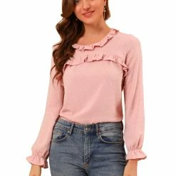 Allegra K Women's Ruffle Neck Swiss Dots Puff Long Sleeve Blouse Top