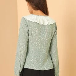 Allegra K Women's Contrast Pleated Collar Long Sleeve Chiffon Floral Blouse Top 14 Allegra K Women's Contrast Pleated Collar Long Sleeve Chiffon Floral Blouse Top