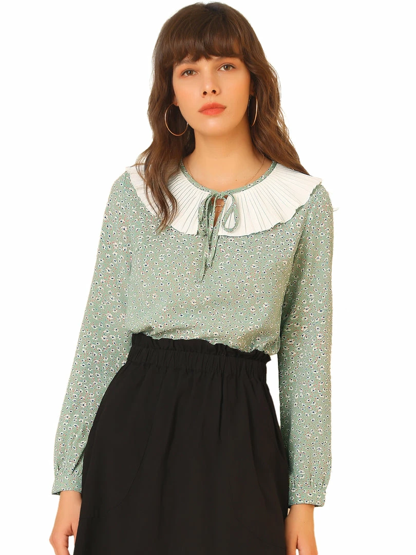 Allegra K Women's Contrast Pleated Collar Long Sleeve Chiffon Floral Blouse Top 4 Allegra K Women's Contrast Pleated Collar Long Sleeve Chiffon Floral Blouse Top