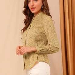 Allegra K Women's Ditsy Floral Mock Neck Blouse Long Sleeve Smocked Chiffon Peasant Top Shirt
