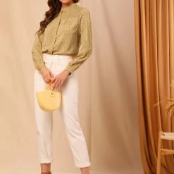 Allegra K Women's Ditsy Floral Mock Neck Blouse Long Sleeve Smocked Chiffon Peasant Top Shirt