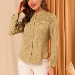 Allegra K Women's Ditsy Floral Mock Neck Blouse Long Sleeve Smocked Chiffon Peasant Top Shirt