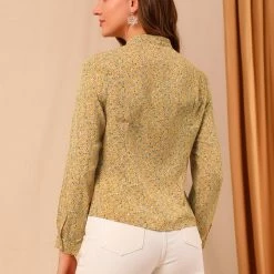 Allegra K Women's Ditsy Floral Mock Neck Blouse Long Sleeve Smocked Chiffon Peasant Top Shirt