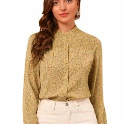 Allegra K Women's Ditsy Floral Mock Neck Blouse Long Sleeve Smocked Chiffon Peasant Top Shirt