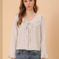 Allegra K Women's 3/4 Flare Sleeve Floral Ruffle V Neck Chiffon Blouse Top