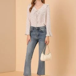 Allegra K Women's 3/4 Flare Sleeve Floral Ruffle V Neck Chiffon Blouse Top