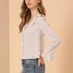 Allegra K Women's 3/4 Flare Sleeve Floral Ruffle V Neck Chiffon Blouse Top