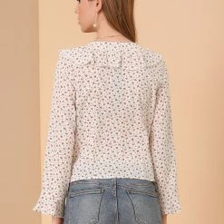 Allegra K Women's 3/4 Flare Sleeve Floral Ruffle V Neck Chiffon Blouse Top