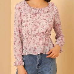 Allegra K Women's Long Sleeve Ruffle Floral Peplum Top Chiffon Blouse