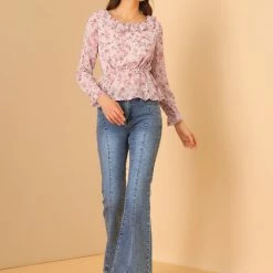 Allegra K Women's Long Sleeve Ruffle Floral Peplum Top Chiffon Blouse