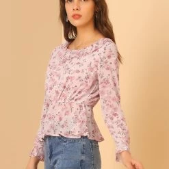 Allegra K Women's Long Sleeve Ruffle Floral Peplum Top Chiffon Blouse