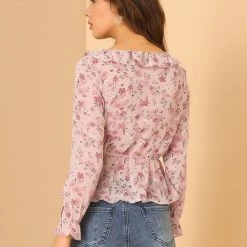Allegra K Women's Long Sleeve Ruffle Floral Peplum Top Chiffon Blouse