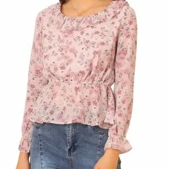 Allegra K Women's Long Sleeve Ruffle Floral Peplum Top Chiffon Blouse