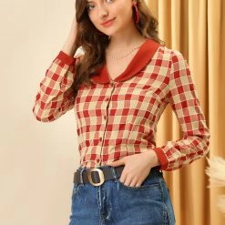 Allegra K Women's Vintage Plaid Shirt Contrast Collar Button Down Top