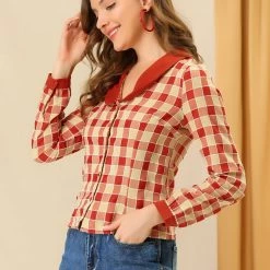 Allegra K Women's Vintage Plaid Shirt Contrast Collar Button Down Top