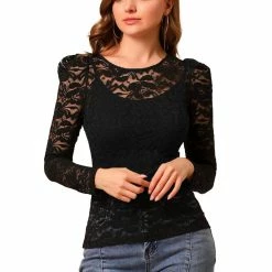Allegra K Women's Lace Embroidery Semi Sheer Vintage Puff Sleeve Top