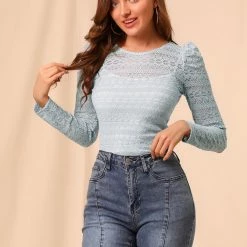 Allegra K Women's Lace Embroidery Semi Sheer Vintage Puff Sleeve Top