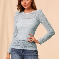 Allegra K Women's Lace Embroidery Semi Sheer Vintage Puff Sleeve Top