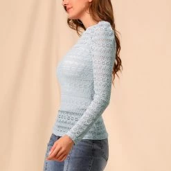 Allegra K Women's Lace Embroidery Semi Sheer Vintage Puff Sleeve Top