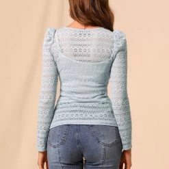 Allegra K Women's Lace Embroidery Semi Sheer Vintage Puff Sleeve Top