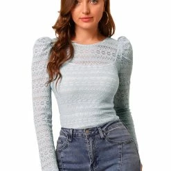 Allegra K Women's Lace Embroidery Semi Sheer Vintage Puff Sleeve Top
