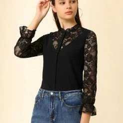 Allegra K Women's Lace Panel Floral Work Ruffle Mock Neck Button Up Shirt 11 Allegra K Women's Lace Panel Floral Work Ruffle Mock Neck Button Up Shirt