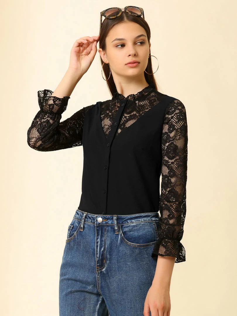 Allegra K Women's Lace Panel Floral Work Ruffle Mock Neck Button Up Shirt 5 Allegra K Women's Lace Panel Floral Work Ruffle Mock Neck Button Up Shirt