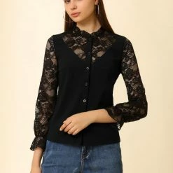 Allegra K Women's Lace Panel Floral Work Ruffle Mock Neck Button Up Shirt 12 Allegra K Women's Lace Panel Floral Work Ruffle Mock Neck Button Up Shirt