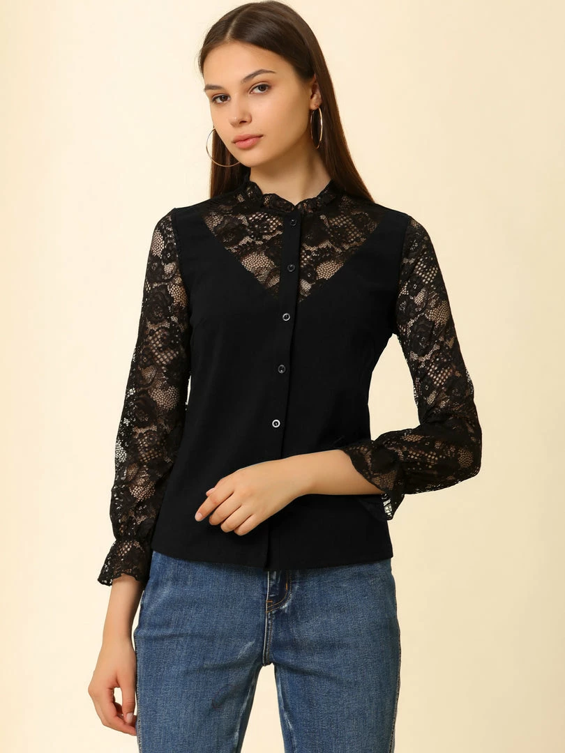 Allegra K Women's Lace Panel Floral Work Ruffle Mock Neck Button Up Shirt 6 Allegra K Women's Lace Panel Floral Work Ruffle Mock Neck Button Up Shirt