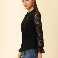 Allegra K Women's Lace Panel Floral Work Ruffle Mock Neck Button Up Shirt 13 Allegra K Women's Lace Panel Floral Work Ruffle Mock Neck Button Up Shirt