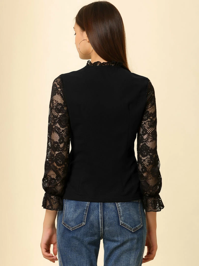 Allegra K Women's Lace Panel Floral Work Ruffle Mock Neck Button Up Shirt 8 Allegra K Women's Lace Panel Floral Work Ruffle Mock Neck Button Up Shirt