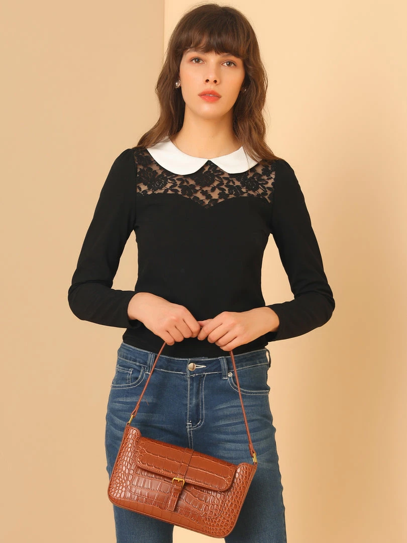 Allegra K Women's Lace Panel Sweetheart Front Long Sleeves Contrast Peter Pan Collar Tops 5 Allegra K Women's Lace Panel Sweetheart Front Long Sleeves Contrast Peter Pan Collar Tops