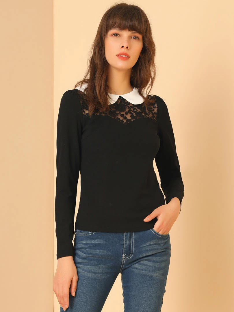 Allegra K Women's Lace Panel Sweetheart Front Long Sleeves Contrast Peter Pan Collar Tops 6 Allegra K Women's Lace Panel Sweetheart Front Long Sleeves Contrast Peter Pan Collar Tops