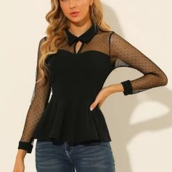 Allegra K Women's Mesh Sheer Long Sleeve Blouse Turn Down Collar Keyhole Peplum Top