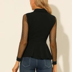 Allegra K Women's Mesh Sheer Long Sleeve Blouse Turn Down Collar Keyhole Peplum Top