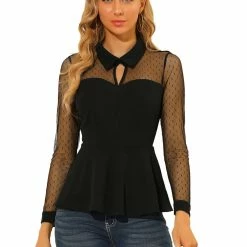 Allegra K Women's Mesh Sheer Long Sleeve Blouse Turn Down Collar Keyhole Peplum Top