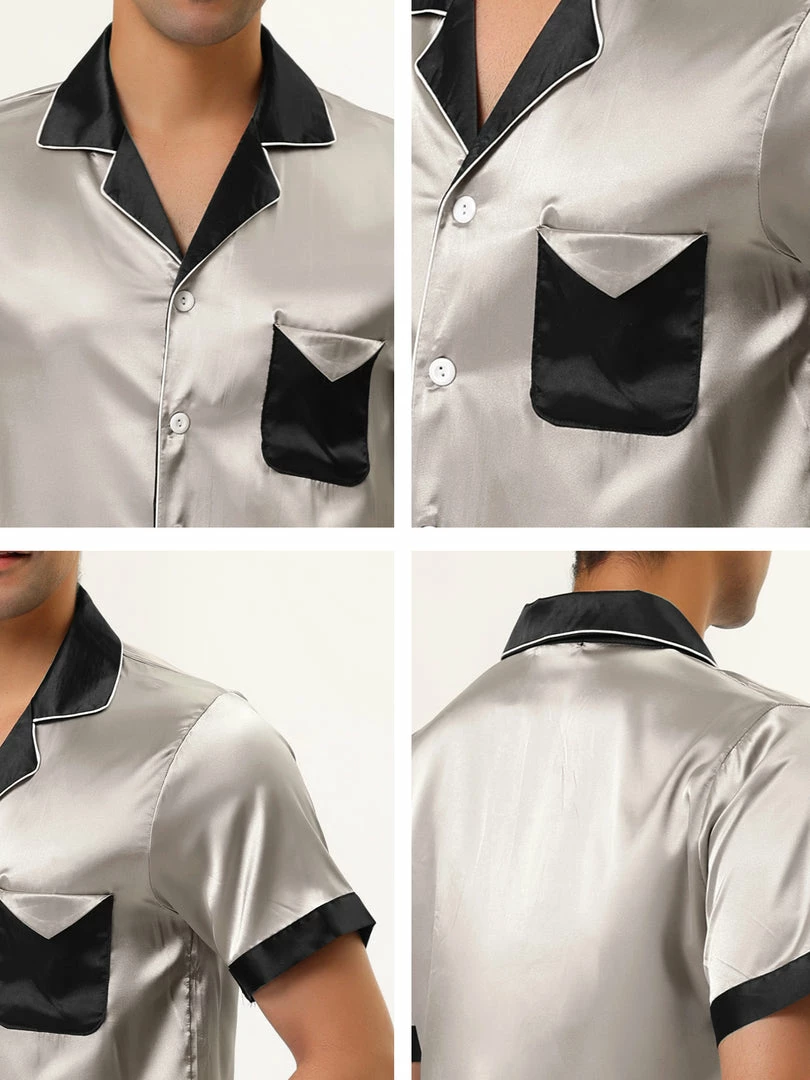 Allegra K Men's Satin Pajamas Set Short Sleeve Contrast Color Button Down Nightwear Sleep Sets Pjs 13 Allegra K Men's Satin Pajamas Set Short Sleeve Contrast Color Button Down Nightwear Sleep Sets Pjs