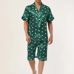 Allegra K Men's Satin Pajama Set Cute Heart Print Button Down Short Sleepwear Loungewear Pjs Sets