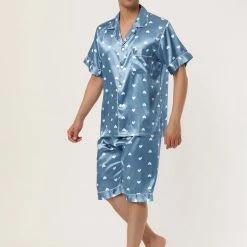 Allegra K Men's Satin Pajama Set Cute Heart Print Button Down Short Sleepwear Loungewear Pjs Sets