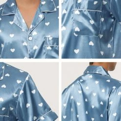 Allegra K Men's Satin Pajama Set Cute Heart Print Button Down Short Sleepwear Loungewear Pjs Sets