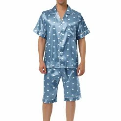 Allegra K Men's Satin Pajama Set Cute Heart Print Button Down Short Sleepwear Loungewear Pjs Sets