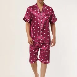 Allegra K Men's Satin Pajama Set Cute Heart Print Button Down Short Sleepwear Loungewear Pjs Sets