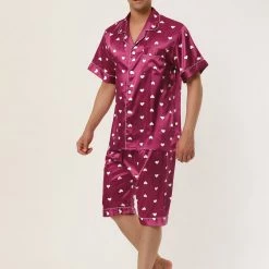 Allegra K Men's Satin Pajama Set Cute Heart Print Button Down Short Sleepwear Loungewear Pjs Sets