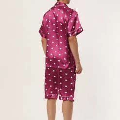 Allegra K Men's Satin Pajama Set Cute Heart Print Button Down Short Sleepwear Loungewear Pjs Sets