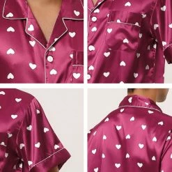 Allegra K Men's Satin Pajama Set Cute Heart Print Button Down Short Sleepwear Loungewear Pjs Sets